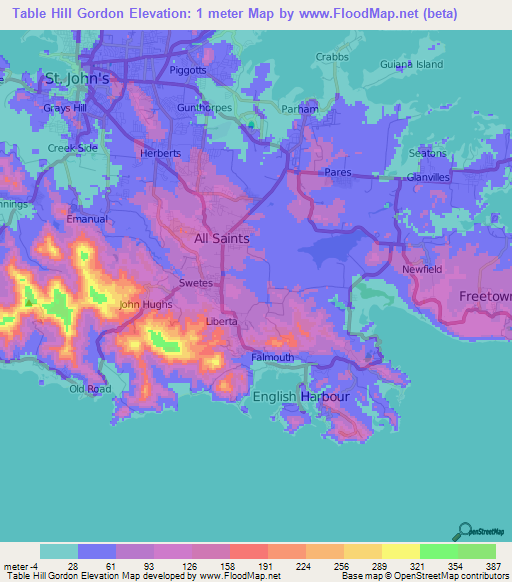 Table Hill Gordon,Antigua and Barbuda Elevation Map