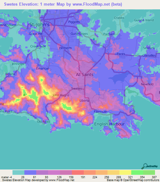 Swetes,Antigua and Barbuda Elevation Map