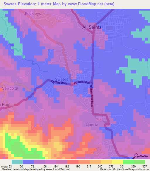Swetes,Antigua and Barbuda Elevation Map