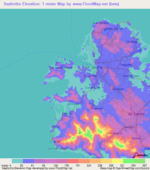 Seaforths,Antigua and Barbuda Elevation Map