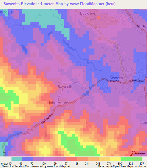 Sawcolts,Antigua and Barbuda Elevation Map