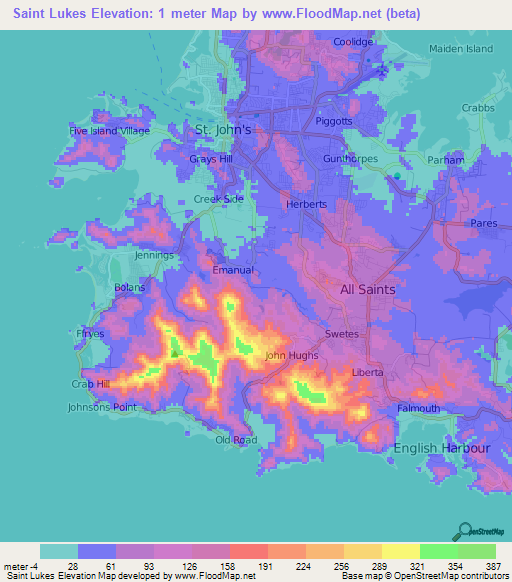 Saint Lukes,Antigua and Barbuda Elevation Map