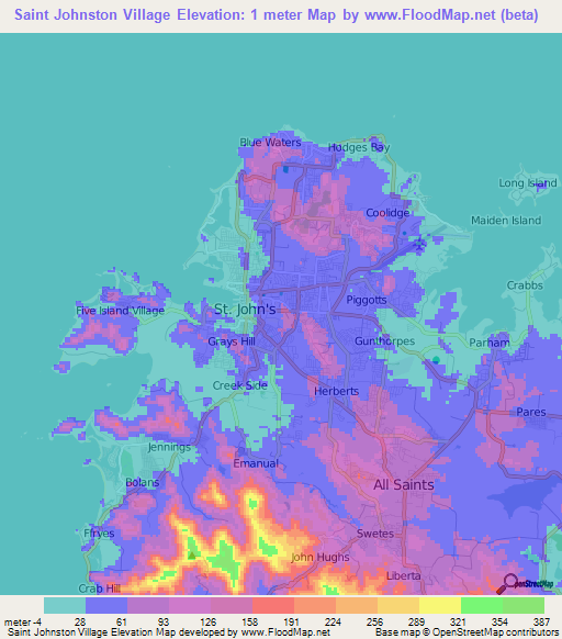 Saint Johnston Village,Antigua and Barbuda Elevation Map
