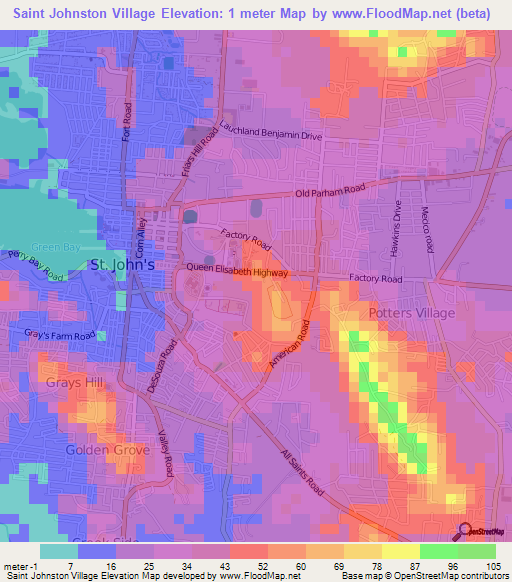 Saint Johnston Village,Antigua and Barbuda Elevation Map