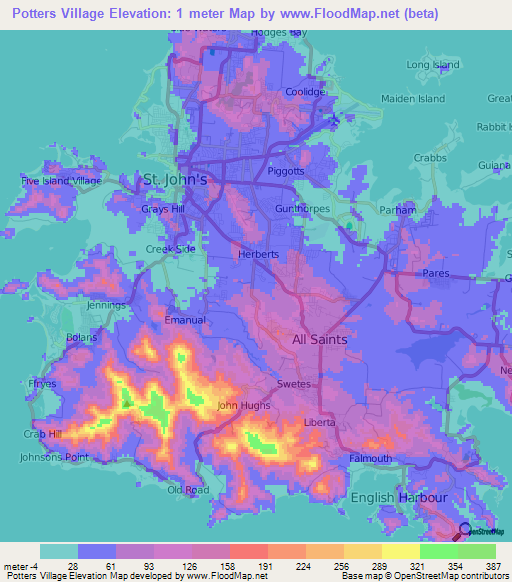 Potters Village,Antigua and Barbuda Elevation Map