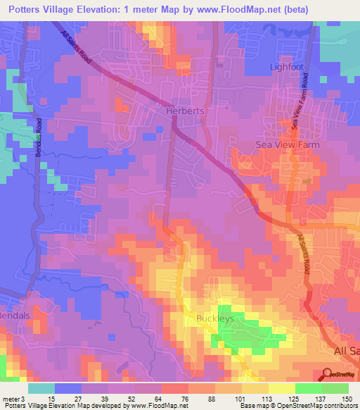 Potters Village,Antigua and Barbuda Elevation Map
