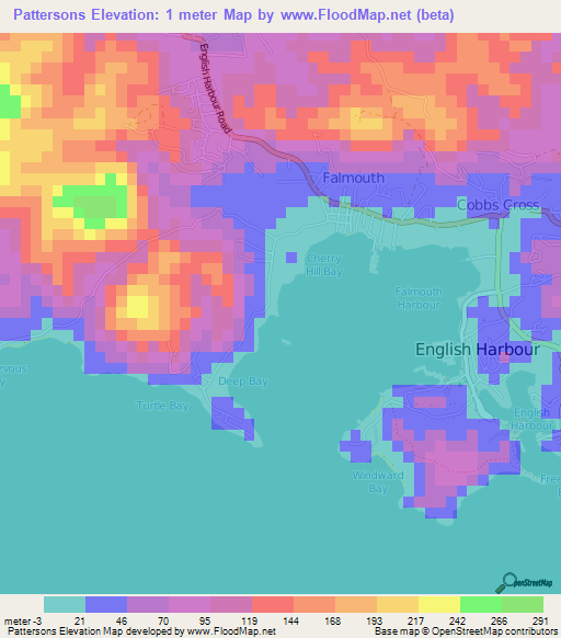 Pattersons,Antigua and Barbuda Elevation Map