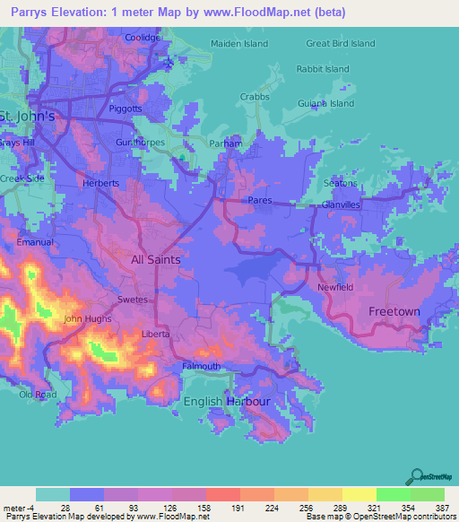 Parrys,Antigua and Barbuda Elevation Map