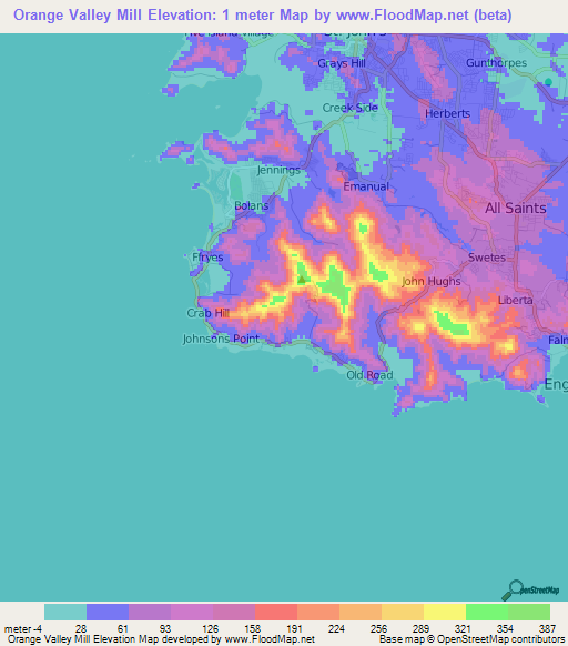 Orange Valley Mill,Antigua and Barbuda Elevation Map