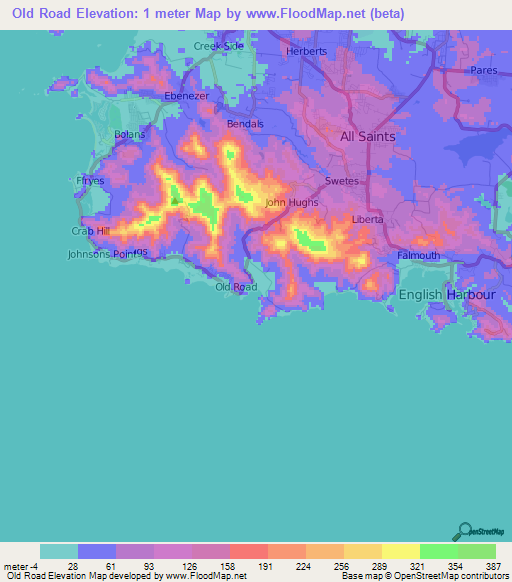 Old Road,Antigua and Barbuda Elevation Map