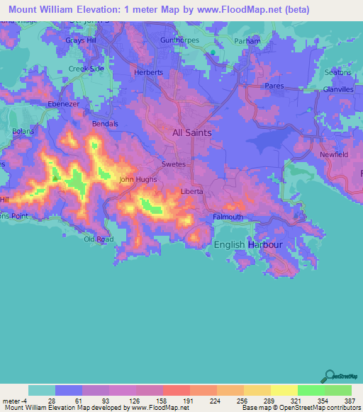 Mount William,Antigua and Barbuda Elevation Map