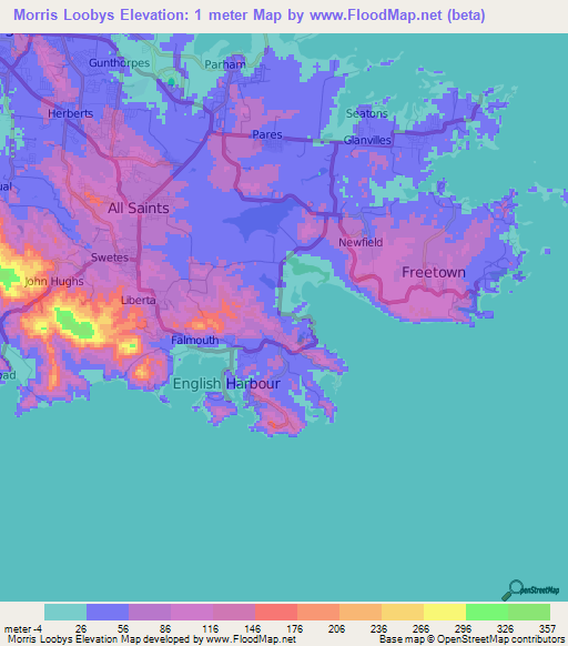 Morris Loobys,Antigua and Barbuda Elevation Map