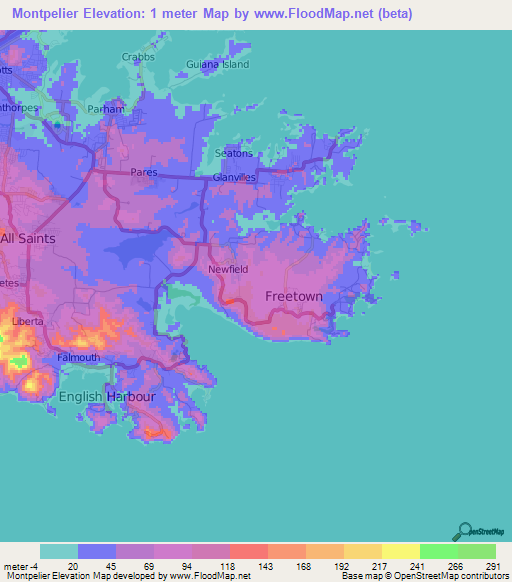 Montpelier,Antigua and Barbuda Elevation Map