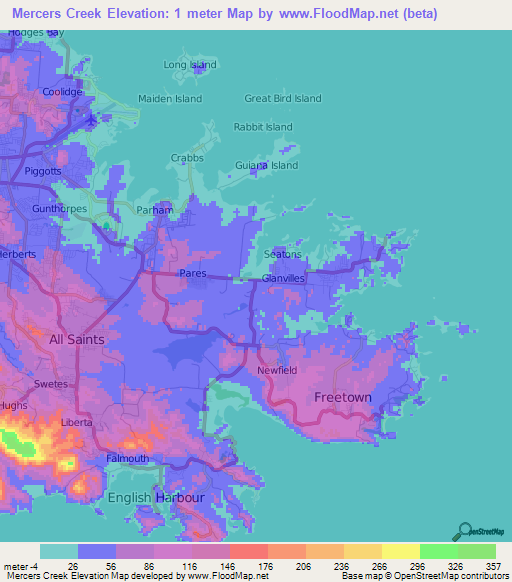 Mercers Creek,Antigua and Barbuda Elevation Map