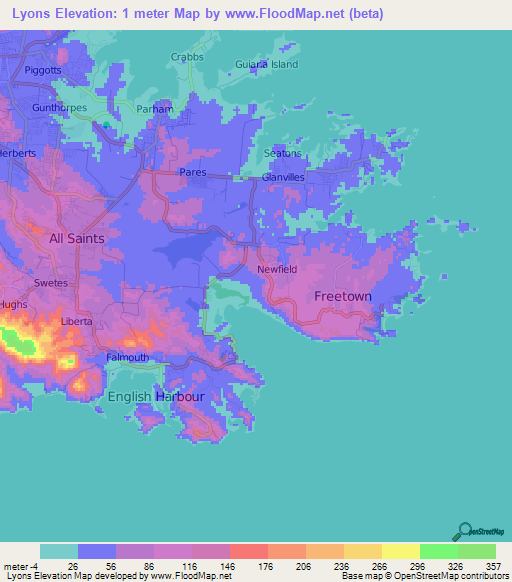 Lyons,Antigua and Barbuda Elevation Map