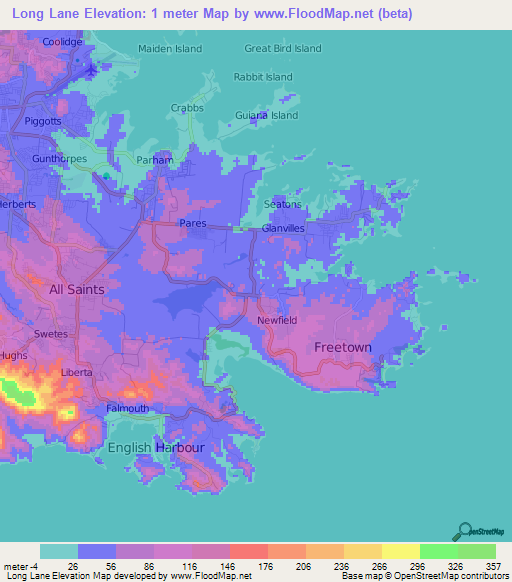 Long Lane,Antigua and Barbuda Elevation Map