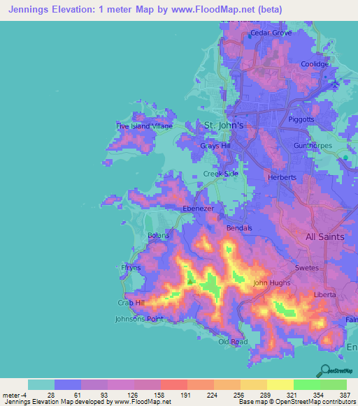 Jennings,Antigua and Barbuda Elevation Map