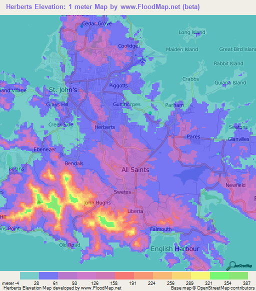 Herberts,Antigua and Barbuda Elevation Map