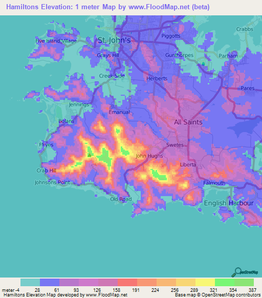 Hamiltons,Antigua and Barbuda Elevation Map