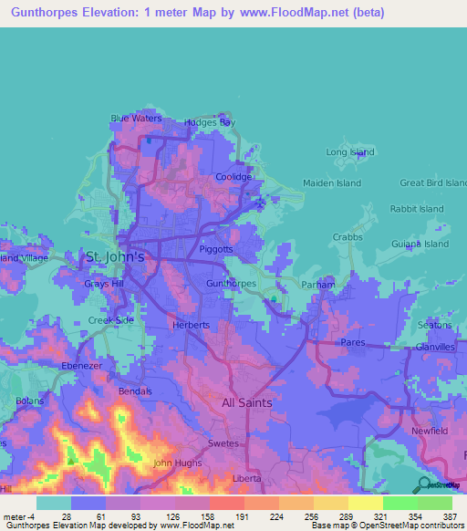 Gunthorpes,Antigua and Barbuda Elevation Map