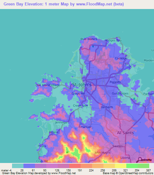 Green Bay,Antigua and Barbuda Elevation Map