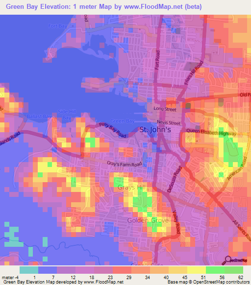 Green Bay,Antigua and Barbuda Elevation Map