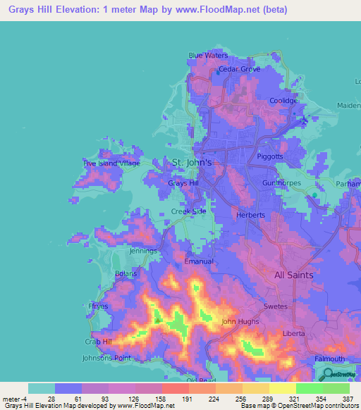 Grays Hill,Antigua and Barbuda Elevation Map