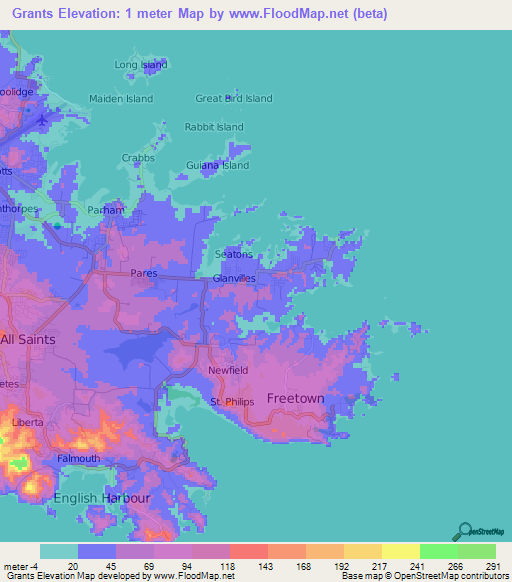 Grants,Antigua and Barbuda Elevation Map