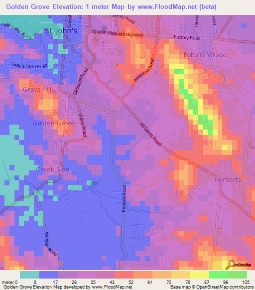 Golden Grove,Antigua and Barbuda Elevation Map