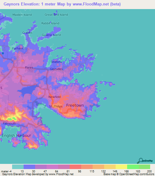 Gaynors,Antigua and Barbuda Elevation Map