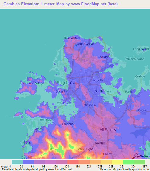 Gambles,Antigua and Barbuda Elevation Map