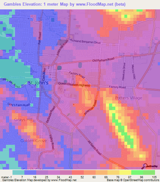 Gambles,Antigua and Barbuda Elevation Map