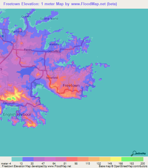 Freetown,Antigua and Barbuda Elevation Map