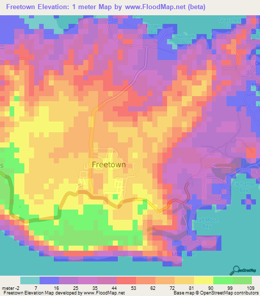 Freetown,Antigua and Barbuda Elevation Map