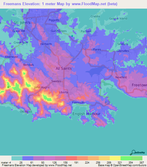 Freemans,Antigua and Barbuda Elevation Map