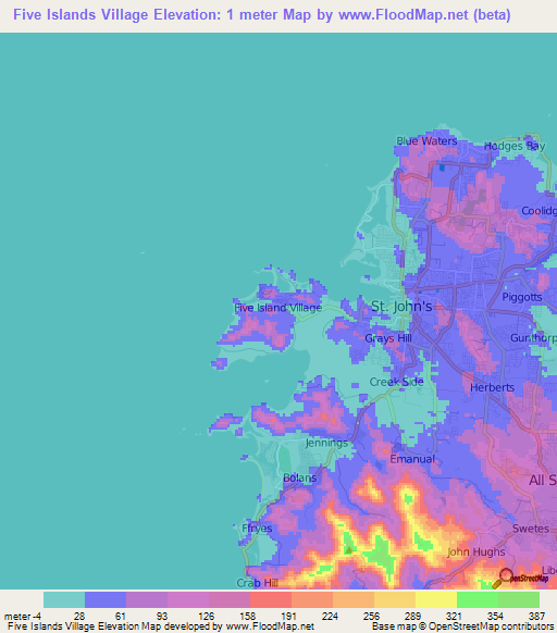 Five Islands Village,Antigua and Barbuda Elevation Map