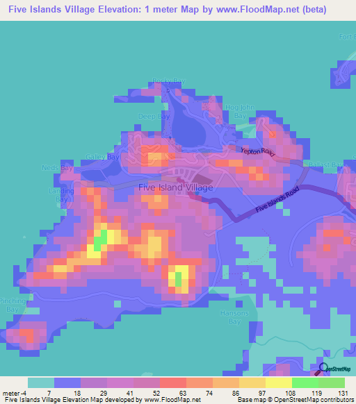 Five Islands Village,Antigua and Barbuda Elevation Map