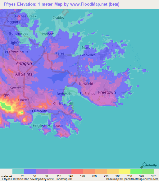 Ffryes,Antigua and Barbuda Elevation Map