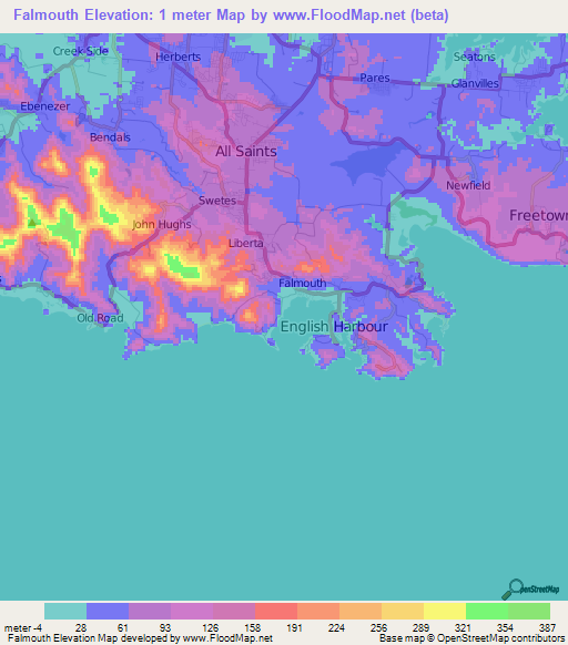 Falmouth,Antigua and Barbuda Elevation Map