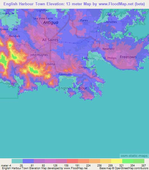 English Harbour Town,Antigua and Barbuda Elevation Map