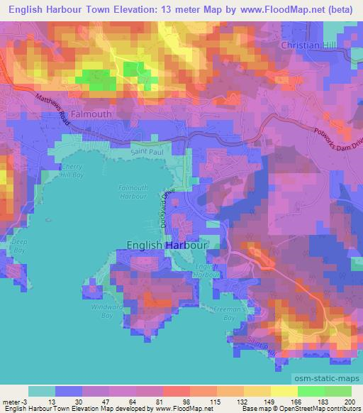 English Harbour Town,Antigua and Barbuda Elevation Map