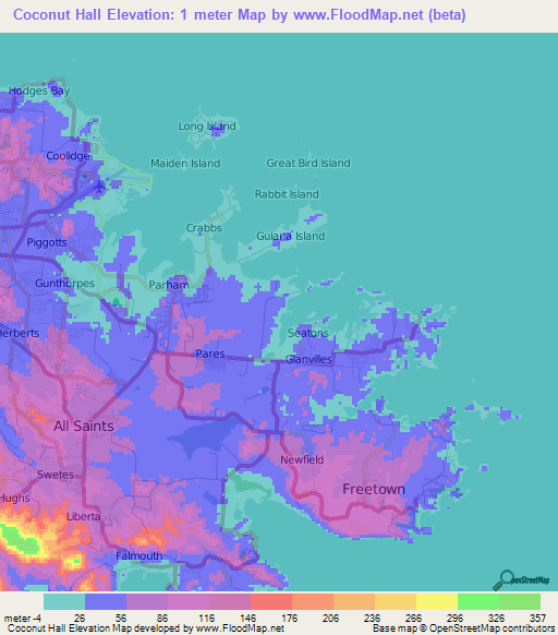 Coconut Hall,Antigua and Barbuda Elevation Map