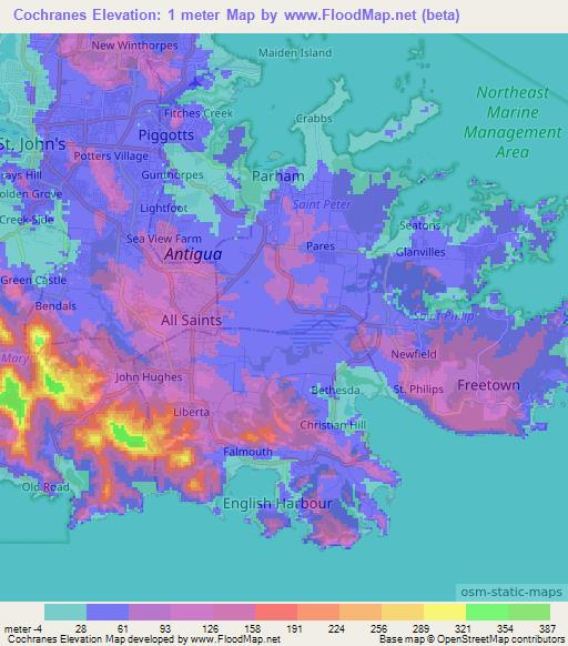 Cochranes,Antigua and Barbuda Elevation Map