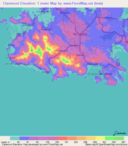 Claremont,Antigua and Barbuda Elevation Map