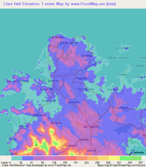 Clare Hall,Antigua and Barbuda Elevation Map