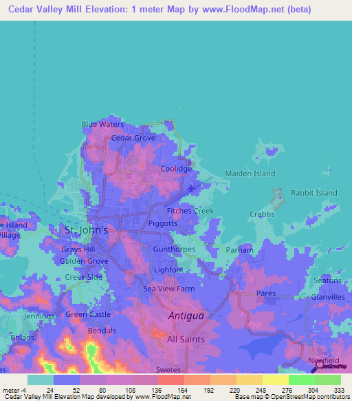 Cedar Valley Mill,Antigua and Barbuda Elevation Map