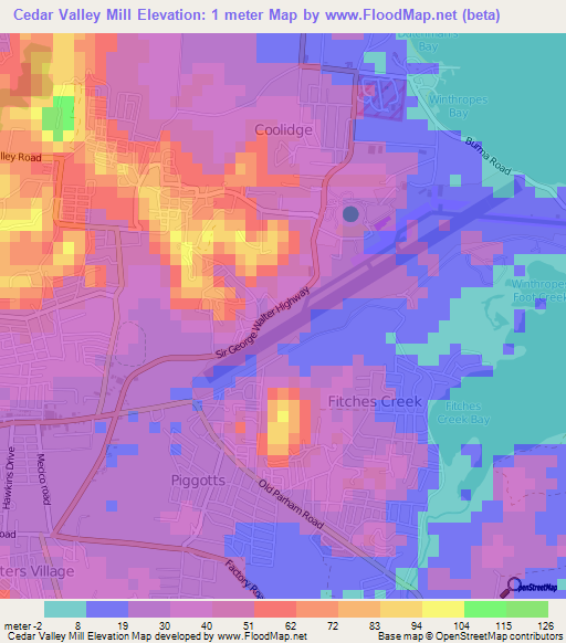Cedar Valley Mill,Antigua and Barbuda Elevation Map