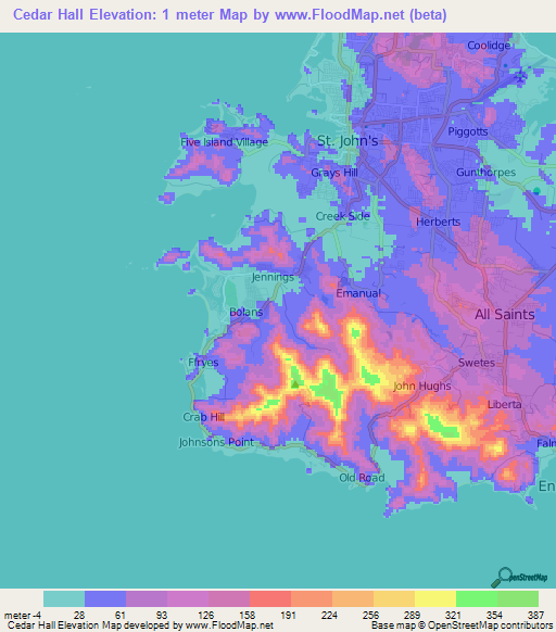 Cedar Hall,Antigua and Barbuda Elevation Map