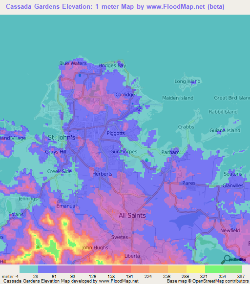 Cassada Gardens,Antigua and Barbuda Elevation Map