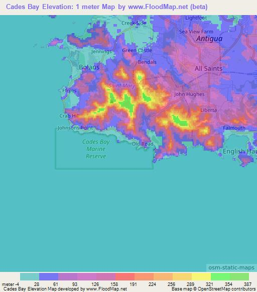 Cades Bay,Antigua and Barbuda Elevation Map